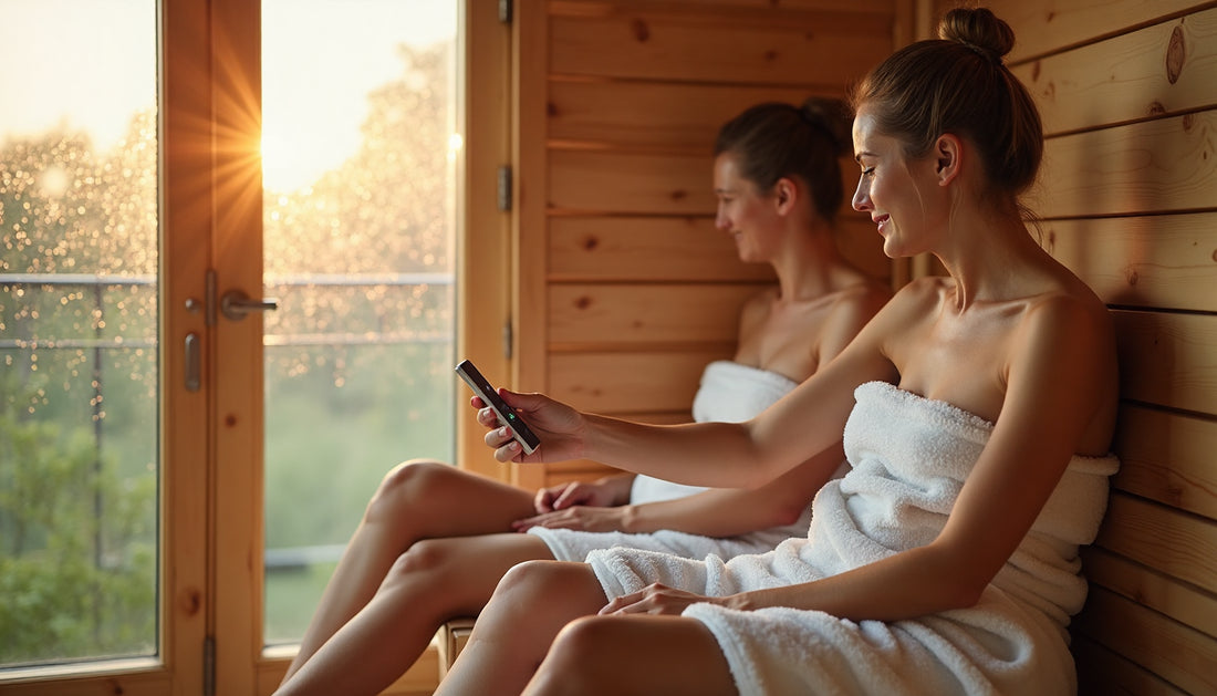 Two people personalize a sunlit home sauna with digital controls