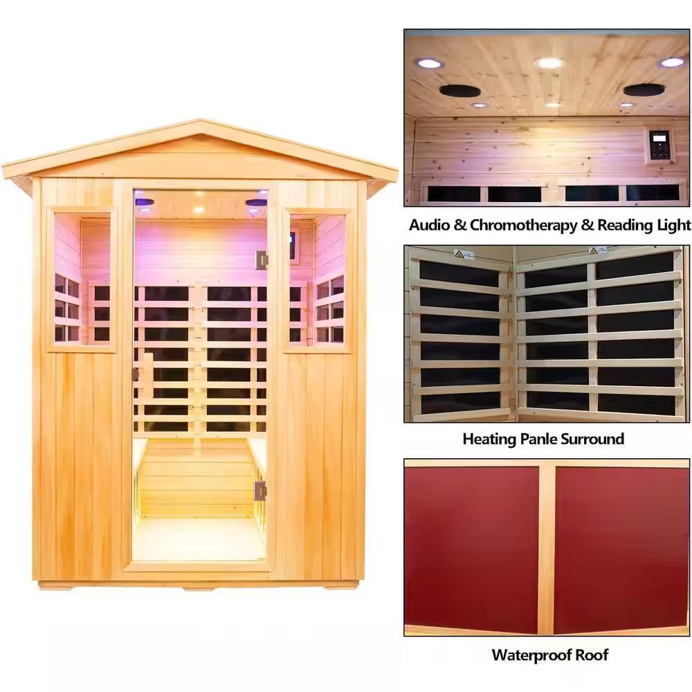 Moray 4-Person Outdoor Basswood Infrared Sauna with 8 Far-Infrared Carbon Crystal Heaters and Chromotherapy