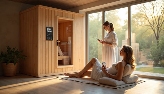 Two adults using a home sauna in a light-filled wellness room