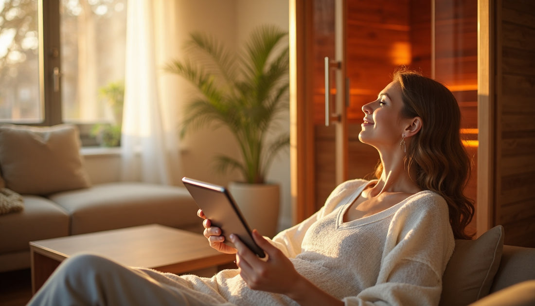 Person enjoying infrared sauna in bright home wellness space