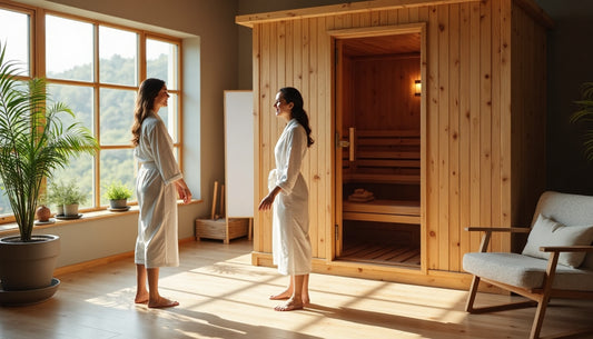 Modern sauna wellness studio with greeting friends at entrance
