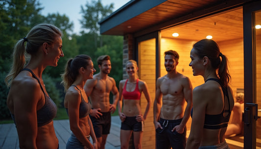 Diverse athletes by gym sauna with recovery sign