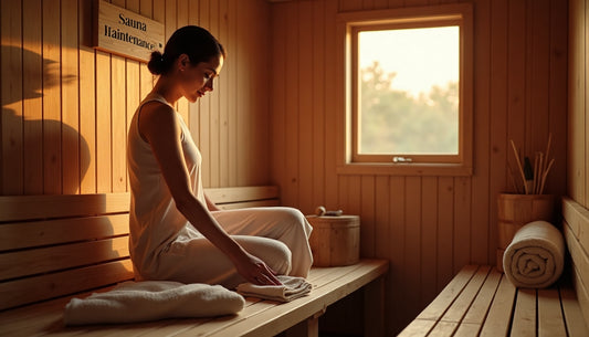Person cleaning a wooden sauna bench at home