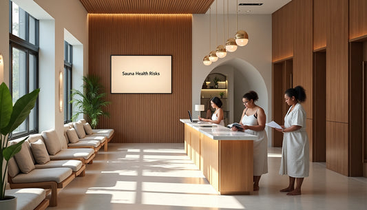 Wellness spa lobby with people and sauna health risks sign