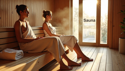Two adults relaxing in sunlit modern sauna interior