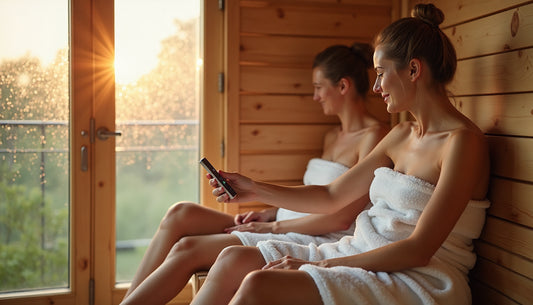 Two people personalize a sunlit home sauna with digital controls