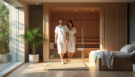 Adults exiting a modern sauna in spa, wellness theme