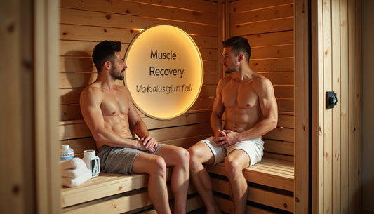Man and woman relaxing in sauna after workout with 'Muscle Recovery' sign.