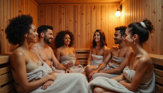 Friends relaxing together in a wooden sauna, wall says Group Wellness
