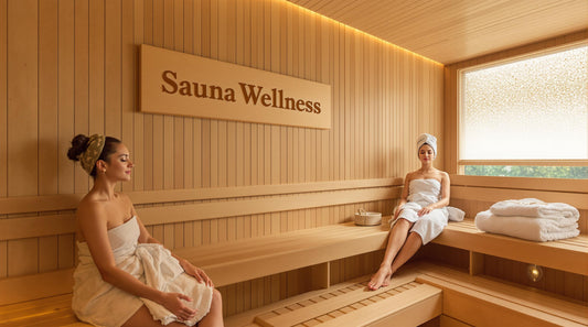Modern sauna with wood interior, two people relaxing, and wellness sign