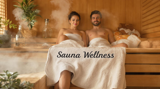 Two people relaxing in a modern home sauna, steam rising around them
