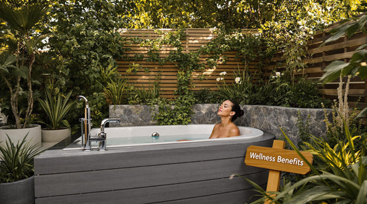 Person entering outdoor bathtub in garden setting for wellness
