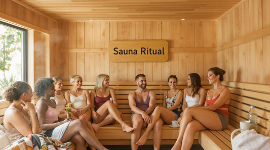 Group relaxing in a modern sauna, text 'Sauna Ritual' on wall