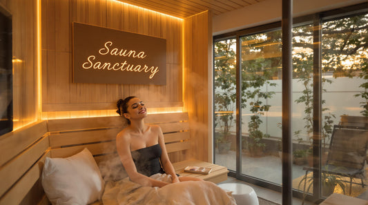 Relaxing home sauna scene with warm lights, oils, and 'Sauna Sanctuary' text