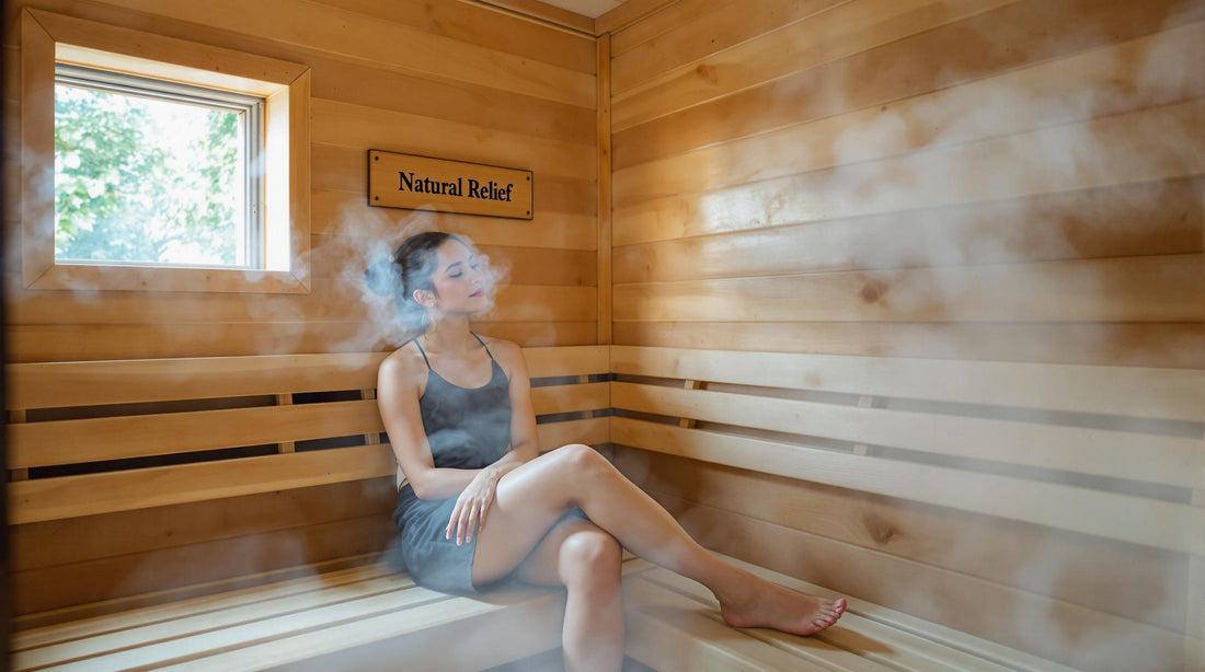 Person resting in warm-lit sauna with 'Natural Relief' on wall plaque