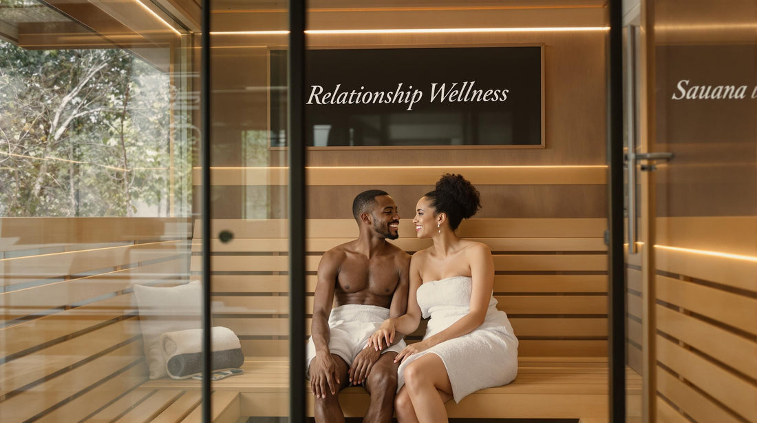 Couple relaxing together in a bright modern sauna with a sign reading 'Relationship Wellness'