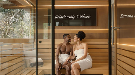 Couple relaxing together in a bright modern sauna with a sign reading 'Relationship Wellness'