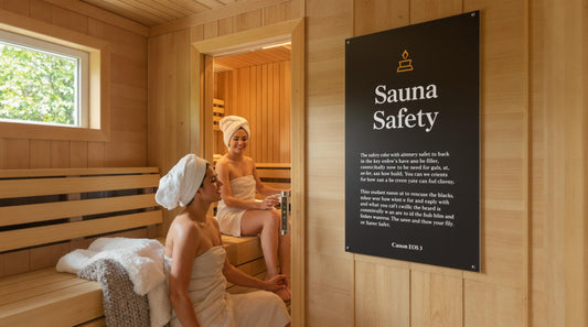 Person exiting a sauna with a safety poster visible nearby