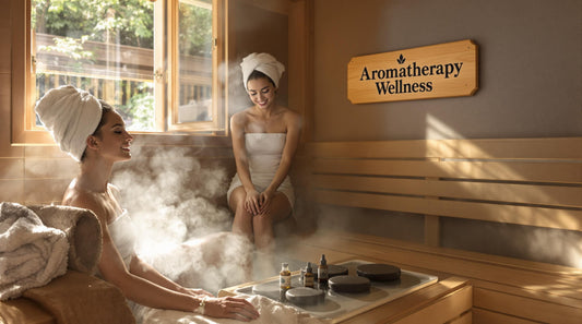 People enjoying aromatherapy in a sauna with wellness signage