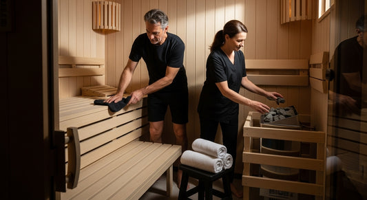 sauna maintenance, clean sauna, couple inspecting
