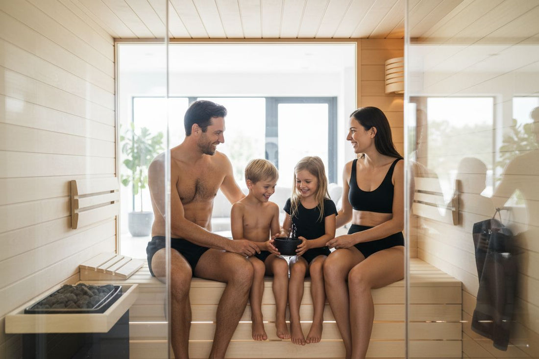 family in home sauna, wellness