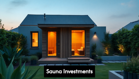 Contemporary house with wooden outdoor sauna in garden