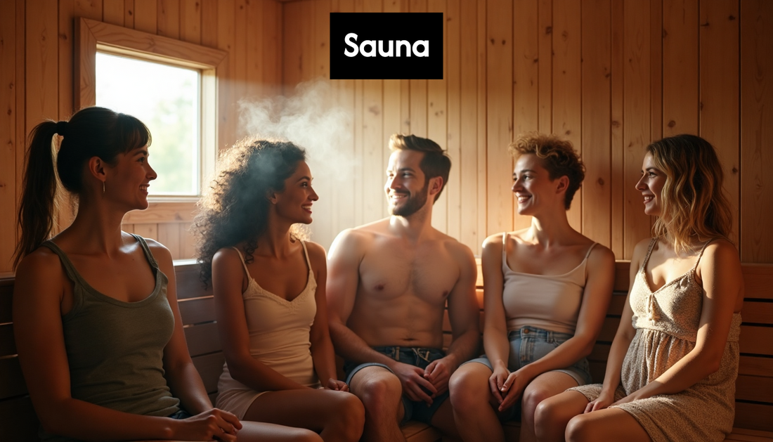 Diverse people talking in steamy sauna.
