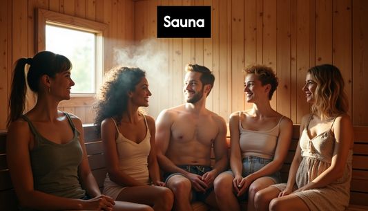 Diverse people talking in steamy sauna.