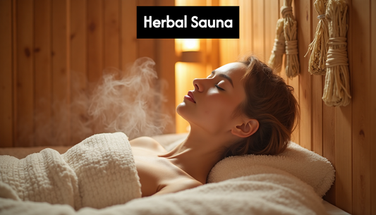 Interior of a modern herbal sauna with steam and herbs.