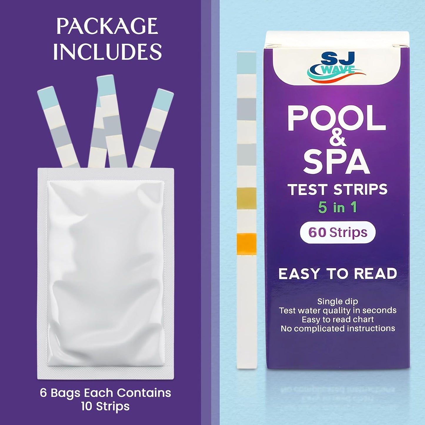 Pool & Spa Hot Tub Test Strips - 5 in 1 Pool & Spa Test Strips for Hot Tub Detects PH, Free Chlorine, Total (Chlorine, Hardness, & Alkalinity) | Ph Test Strips | 60 Pool Test Strips in 6 Sealable Bags