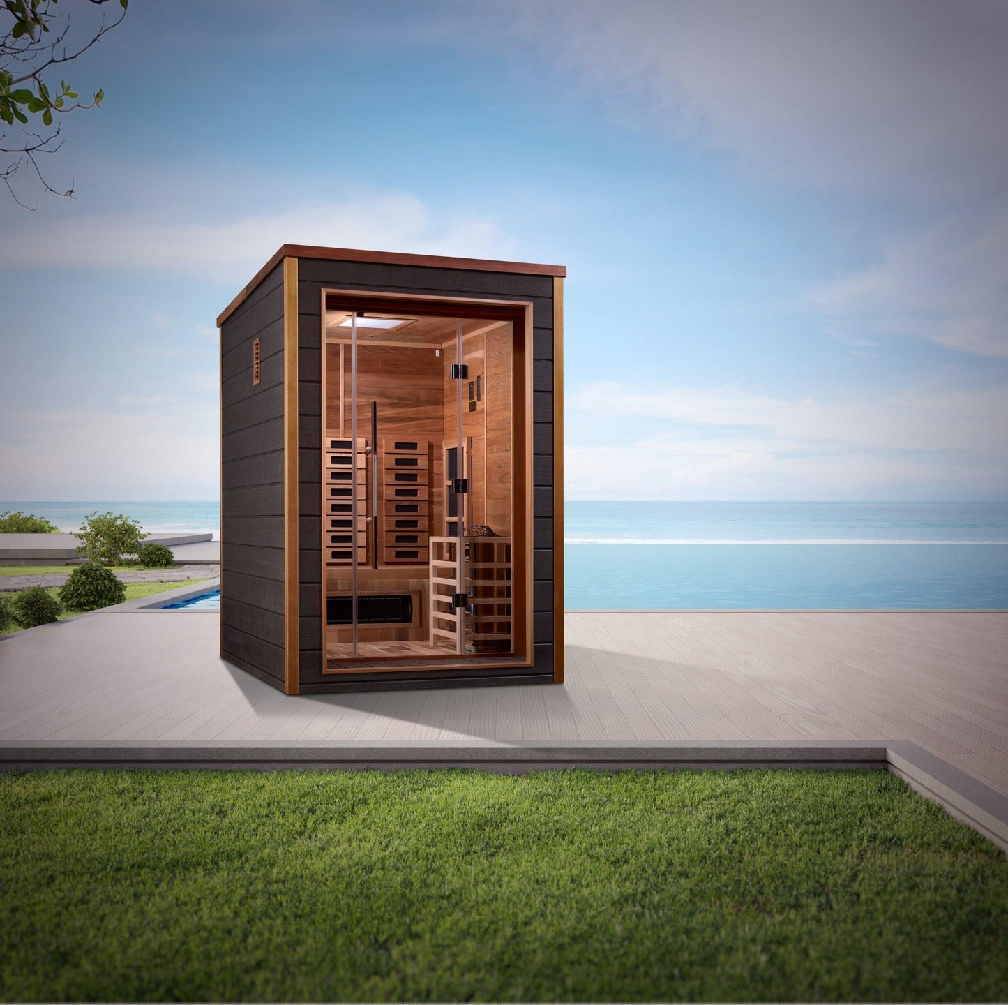 Golden Designs Karlstad 6 Person Hybrid PureTech Full Spectrum IR or Traditional Stove Outdoor Sauna - Canadian Red Cedar Interior