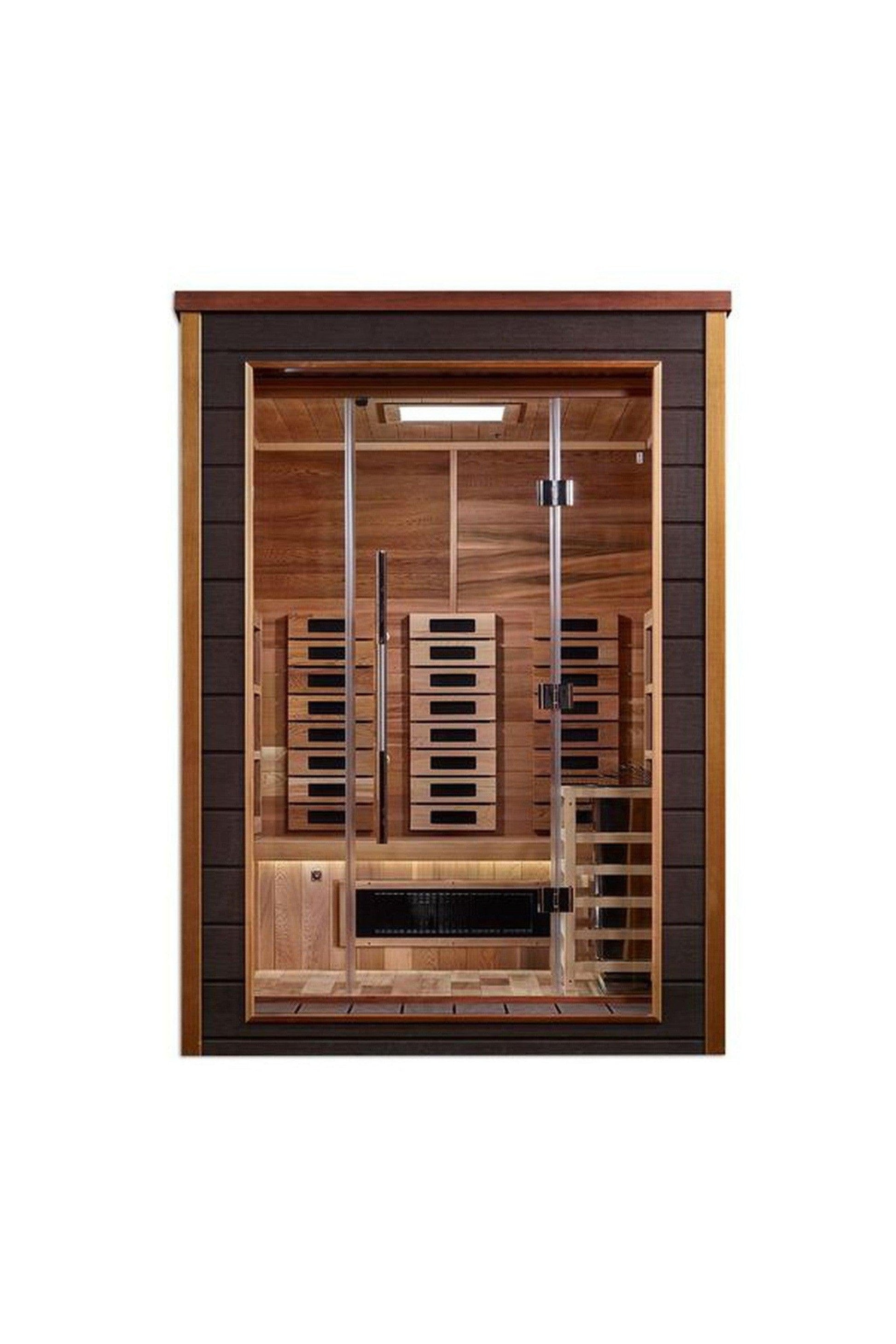 Golden Designs Nora 2 Person Hybrid PureTech Full Spectrum IR or Traditional Stove Outdoor Sauna - Canadian Red Cedar Interior