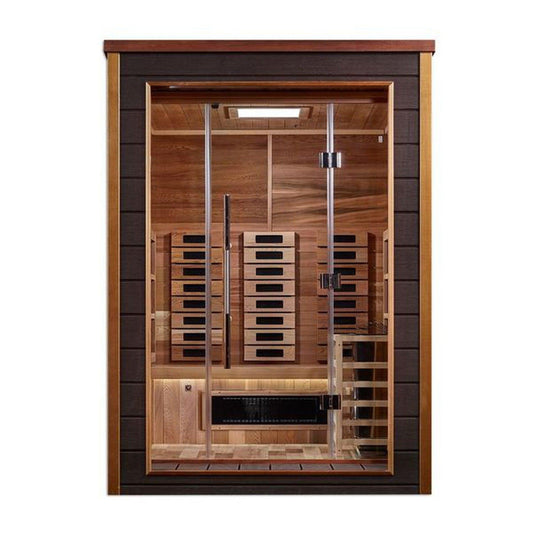 Golden Designs Nora 2 Person Hybrid PureTech Full Spectrum IR or Traditional Stove Outdoor Sauna - Canadian Red Cedar Interior