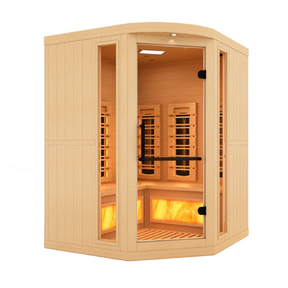 Golden Designs 3-Person Corner Full Spectrum PureTech Near Zero EMF FAR Infrared Sauna with Himalayan Salt Bar