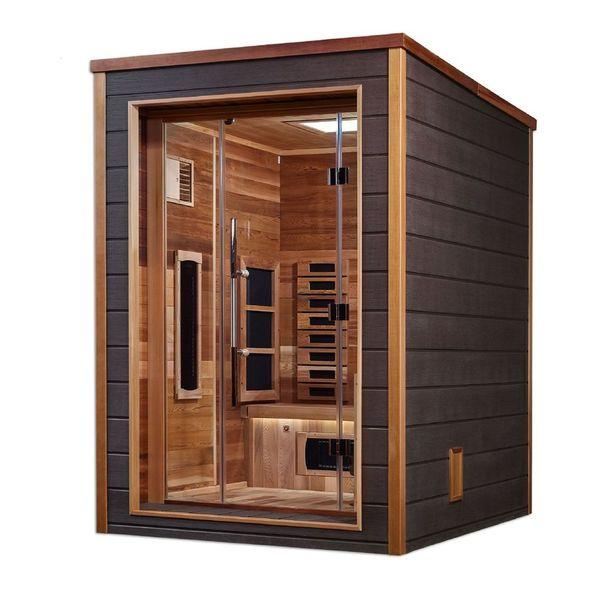 Golden Designs Nora 2 Person Hybrid PureTech Full Spectrum IR or Traditional Stove Outdoor Sauna - Canadian Red Cedar Interior