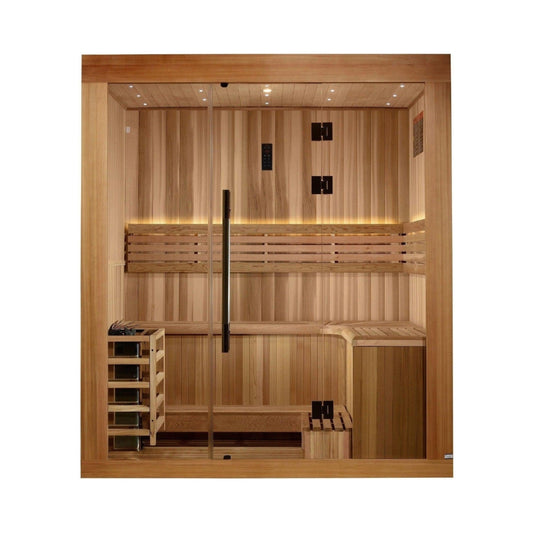 Golden Designs 2025 Updated "Copenhagen Edition" 3 Person Traditional Sauna - Canadian Red Cedar Interior and Pacific Premium Clear Cedar Exterior