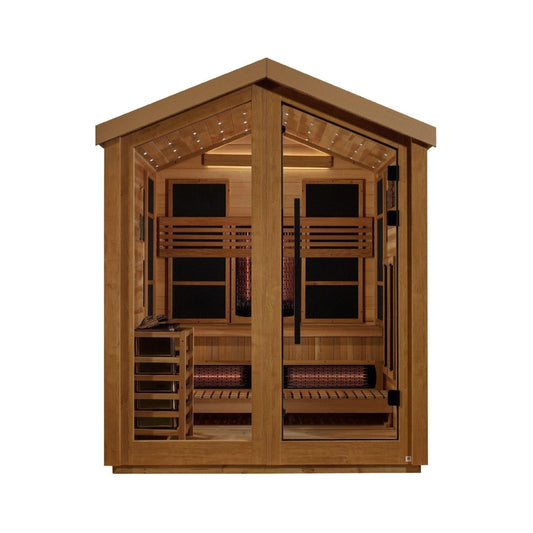 Golden Designs Loviisa 3 Person Hybrid PureTech Full Spectrum IR or Traditional Stove Outdoor Sauna  - Canadian Red Cedar Interior