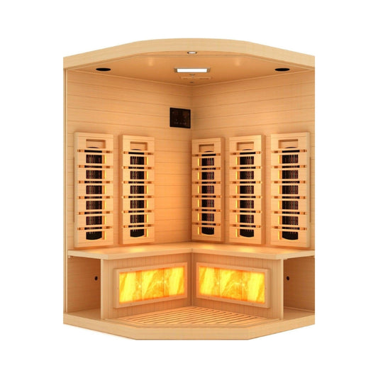 Golden Designs 3-Person Corner Full Spectrum PureTech Near Zero EMF FAR Infrared Sauna with Himalayan Salt Bar