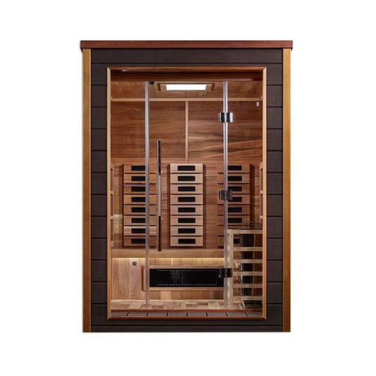 Golden Designs Nora 2 Person Hybrid PureTech Full Spectrum IR or Traditional Stove Outdoor Sauna - Canadian Red Cedar Interior