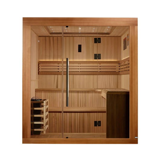 Golden Designs 2025 Updated "Osla Edition" 6 Person Traditional Sauna - Canadian Red Cedar Interior and Pacific Premium Clear Cedar Exterior