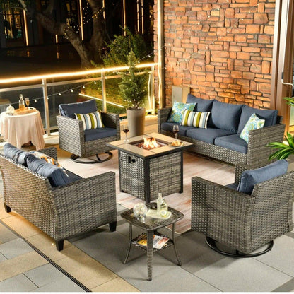 Lovall Rattan Wicker 7 - Person Seating Group with Fire Pit and Cushions