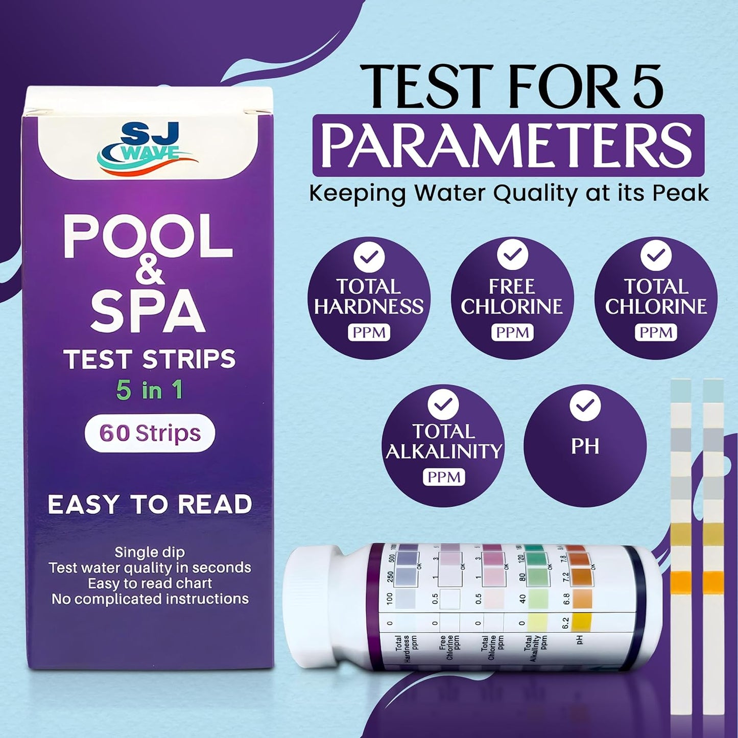 Pool & Spa Hot Tub Test Strips - 5 in 1 Pool & Spa Test Strips for Hot Tub Detects PH, Free Chlorine, Total (Chlorine, Hardness, & Alkalinity) | Ph Test Strips | 60 Pool Test Strips in 6 Sealable Bags