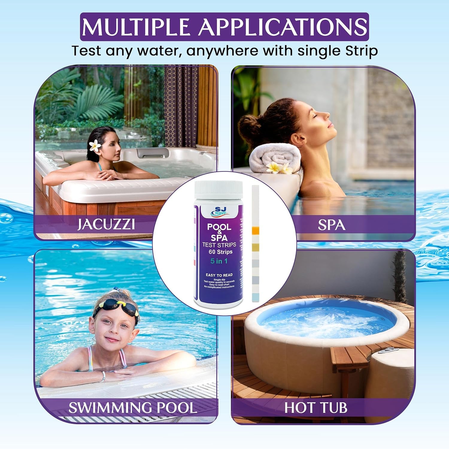 Pool & Spa Hot Tub Test Strips - 5 in 1 Pool & Spa Test Strips for Hot Tub Detects PH, Free Chlorine, Total (Chlorine, Hardness, & Alkalinity) | Ph Test Strips | 60 Pool Test Strips in 6 Sealable Bags