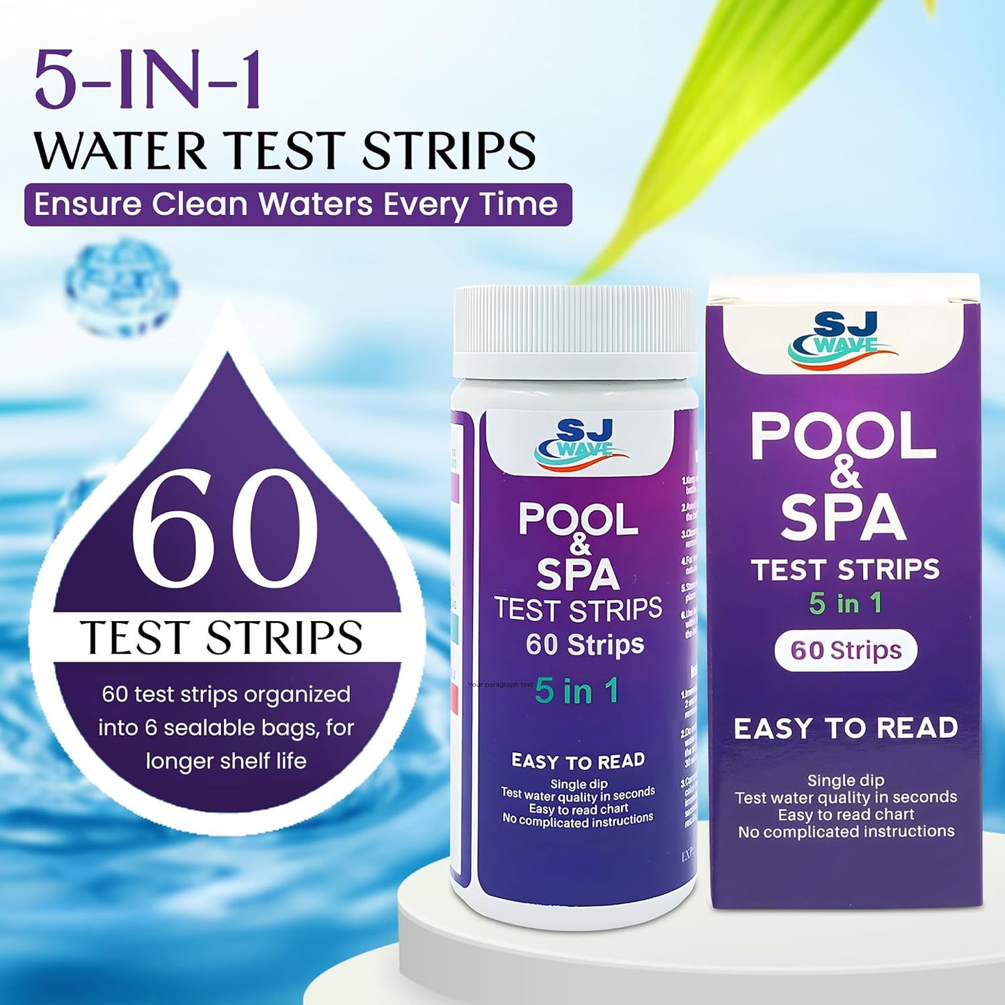 Pool & Spa Hot Tub Test Strips - 5 in 1 Pool & Spa Test Strips for Hot Tub Detects PH, Free Chlorine, Total (Chlorine, Hardness, & Alkalinity) | Ph Test Strips | 60 Pool Test Strips in 6 Sealable Bags