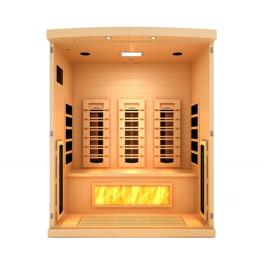 Golden Designs 3-Person Full Spectrum PureTech Near Zero EMF FAR Infrared Sauna with Himalayan Salt Bar