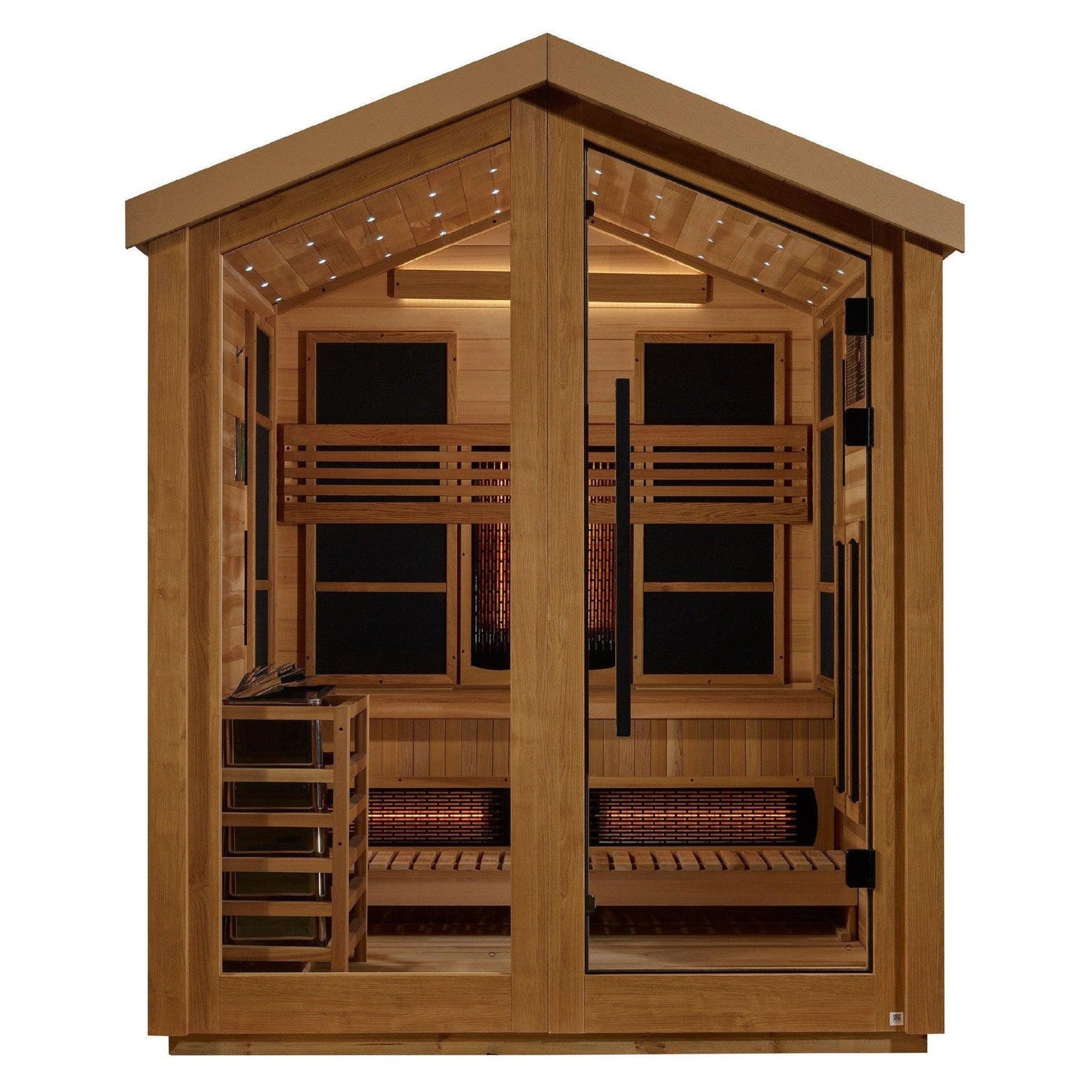 Golden Designs Loviisa 3 Person Hybrid PureTech Full Spectrum IR or Traditional Stove Outdoor Sauna - Canadian Red Cedar Interior