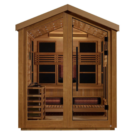 Golden Designs Loviisa 3 Person Hybrid PureTech Full Spectrum IR or Traditional Stove Outdoor Sauna - Canadian Red Cedar Interior