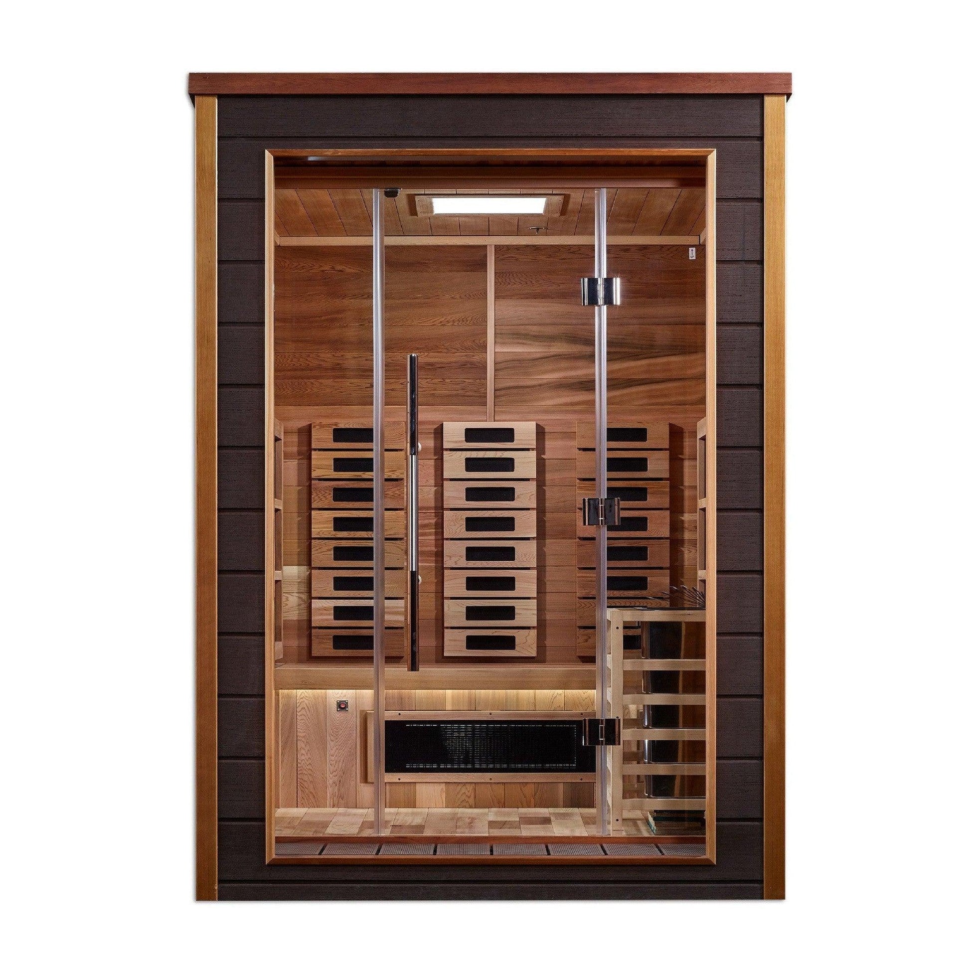 Golden Designs Karlstad 6 Person Hybrid PureTech Full Spectrum IR or Traditional Stove Outdoor Sauna - Canadian Red Cedar Interior